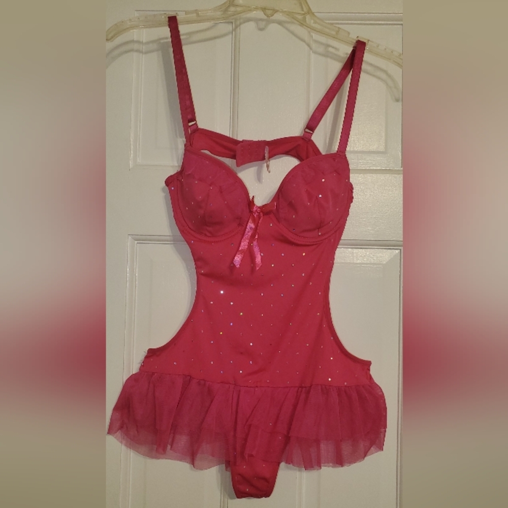 NNT Lolie Pink Lingerie One Piece bodysuit Chemise with Sparkle Accents S